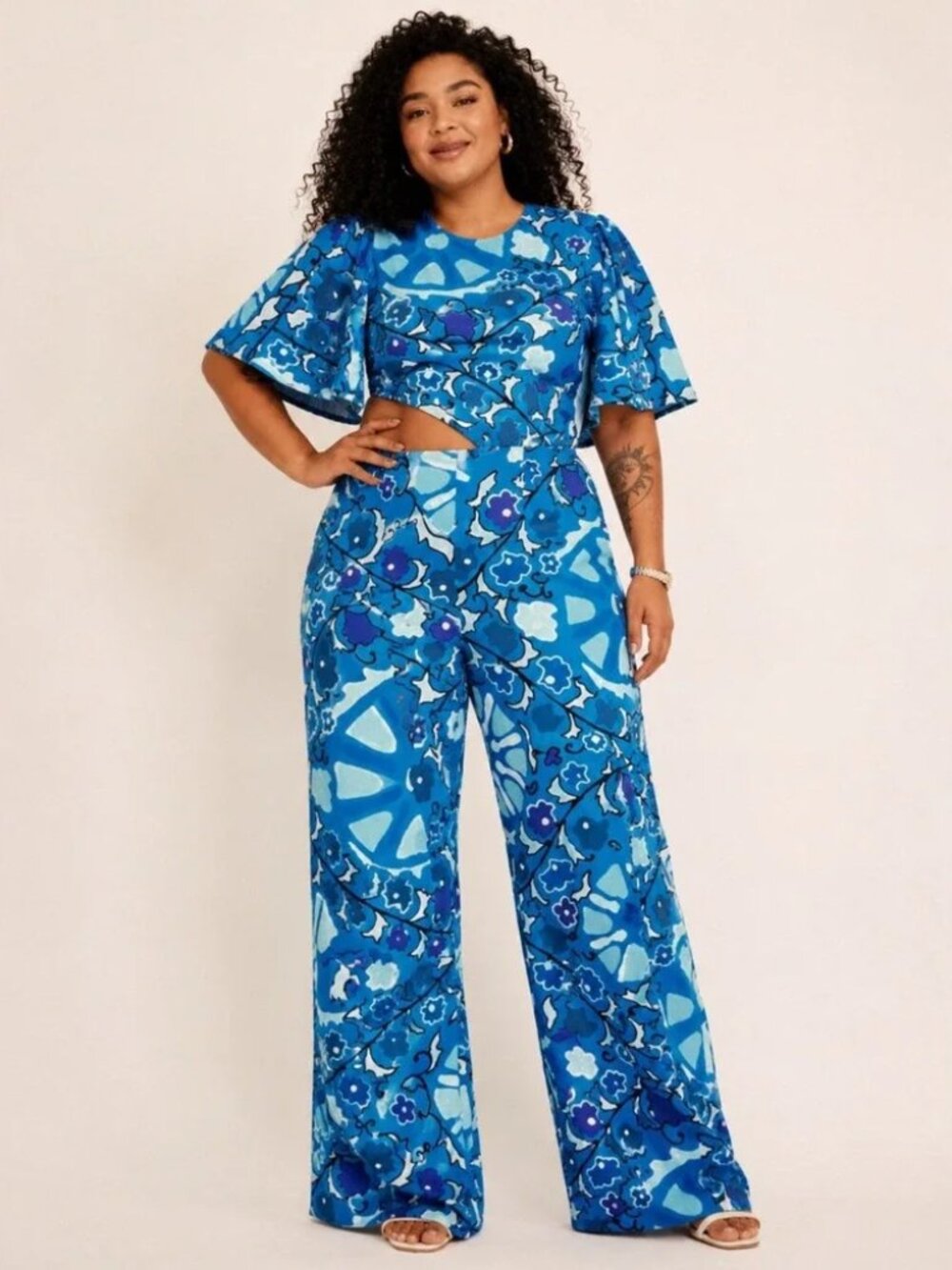 Rhode X Target Blue Floral Cutout Flutter Sleeve Linen Blend Jumpsuit size XXL